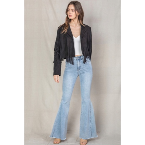 SOLD OUT Black Faux Leather Suede Fringe Cropped Western Boho Moto Jacket - Picture 4 of 8